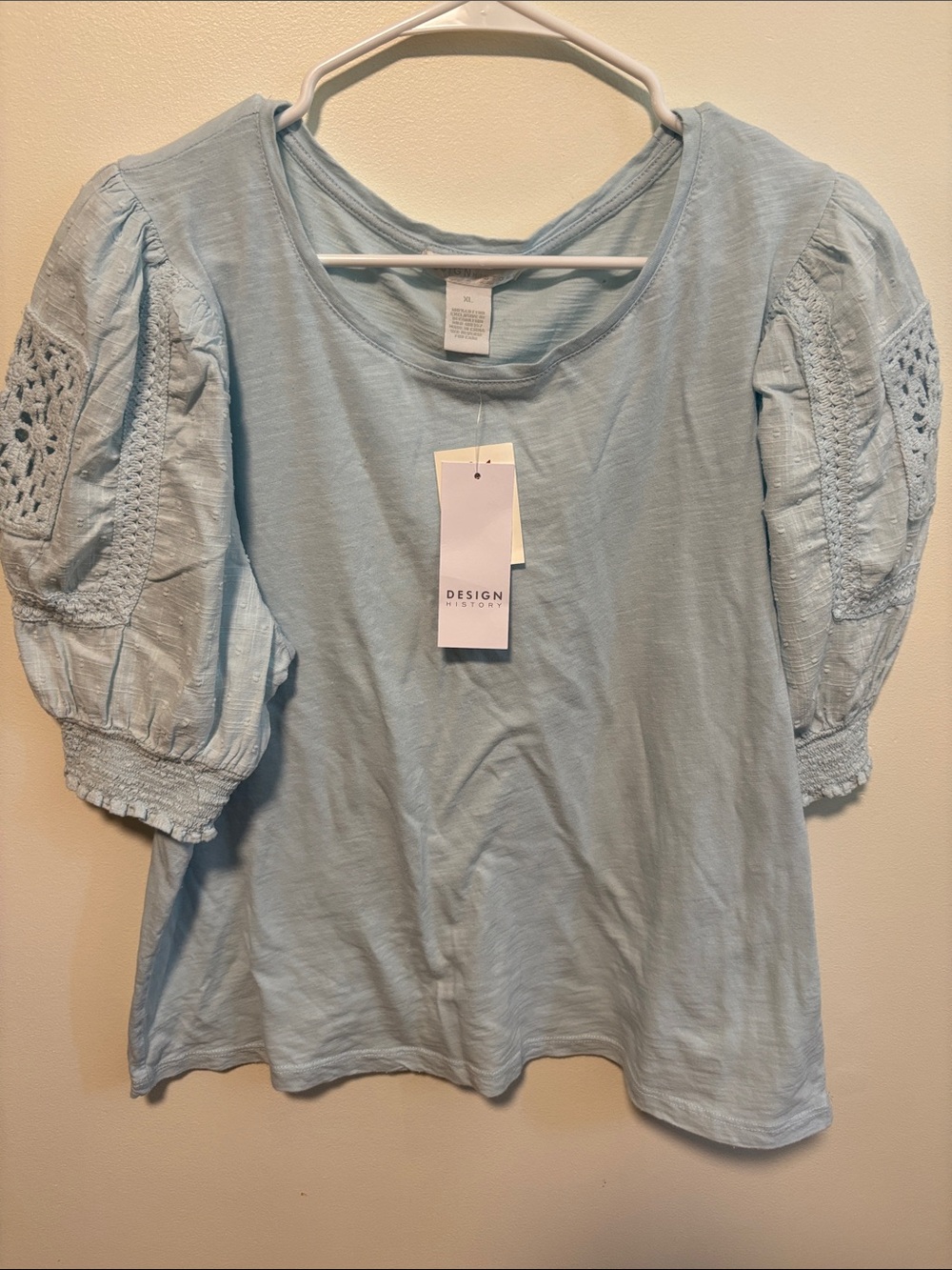 Design History Pale Blue Puff Sleeve Crochet-Detail Tee